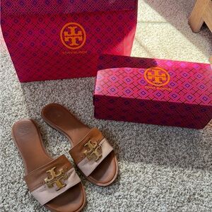 Tory Burch Tan & Sea Shell Pink Leather Everly Slide Sandals